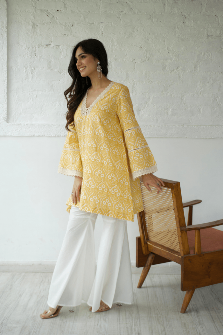 YELLOW WHITE KURTA FLARED PANT SET – Designer Clothing for Women ...